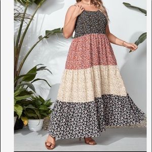 Boho Plus Size Floral Print Color Block Cami Maxi Dress